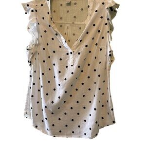 Old Navy Top Womens  White Black Polka Dot Ruffle Flutter Sleeves Cotton Blend